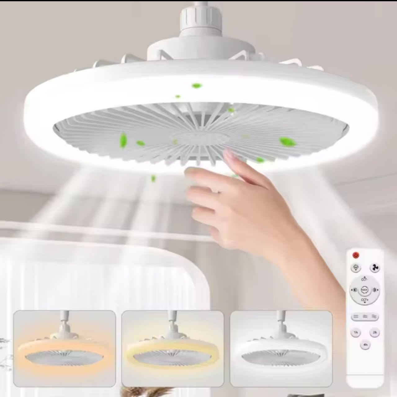 Ventilateur de plafond rotatif 3-en-1 avec lumière LED E27 30W, télécommande intelligente